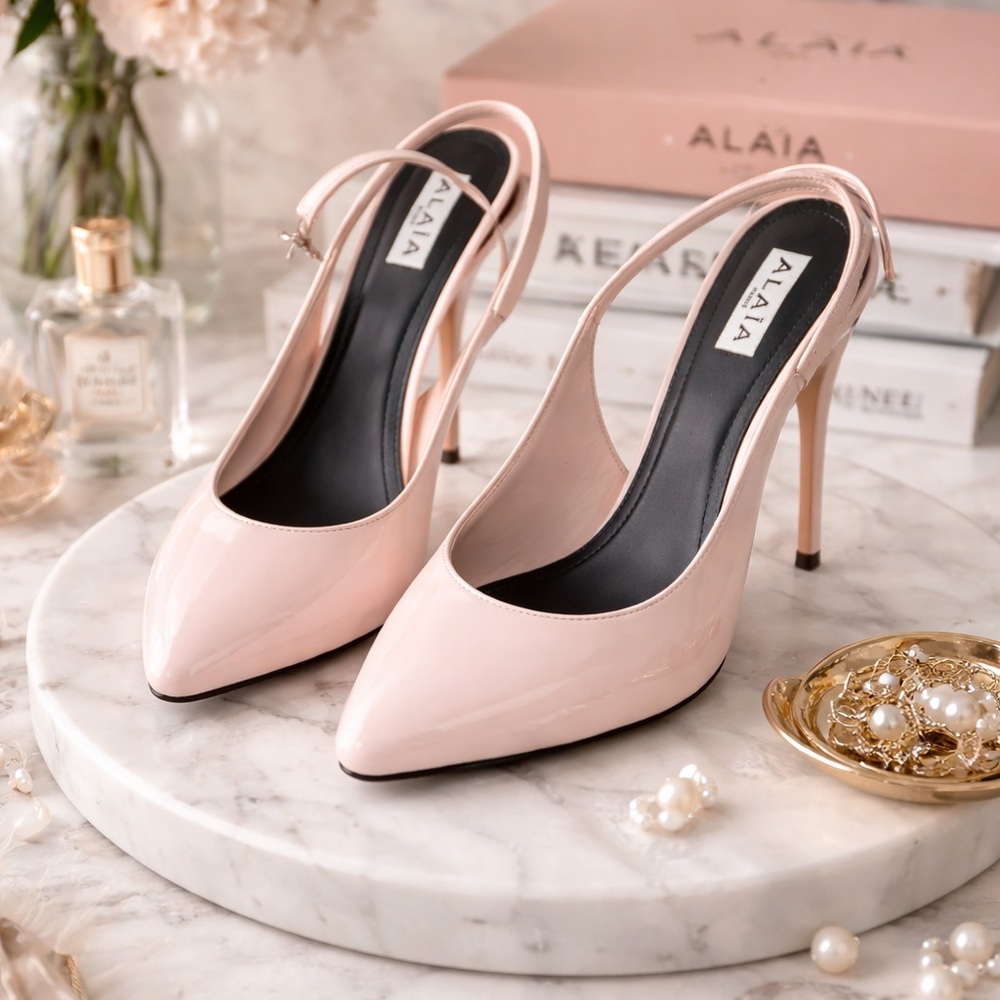 Stunning ALAÏA Blush Patent Slingback Heels – New With Tags
